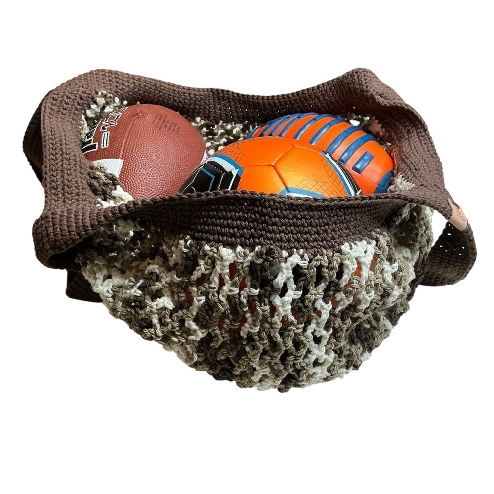 Large Crochet Mesh Market Bag Brown White Cotton Handcrafted Handmade Reusable - Picture 12 of 16